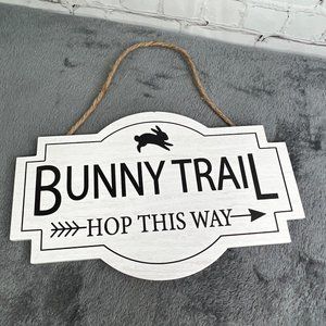 Decocrated Bunny Trail Wood Sign Easter Decoration Hanging Plaque White NWT